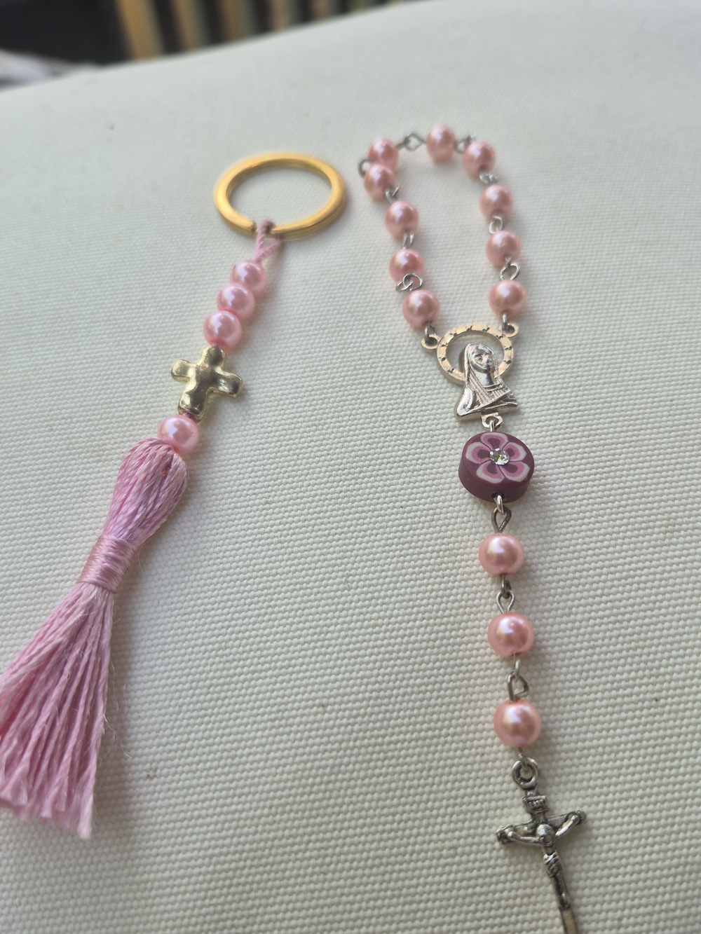 Pink Pearl Mini Rosary Bracelet and Tassel Keychain Religious Catholic Purse